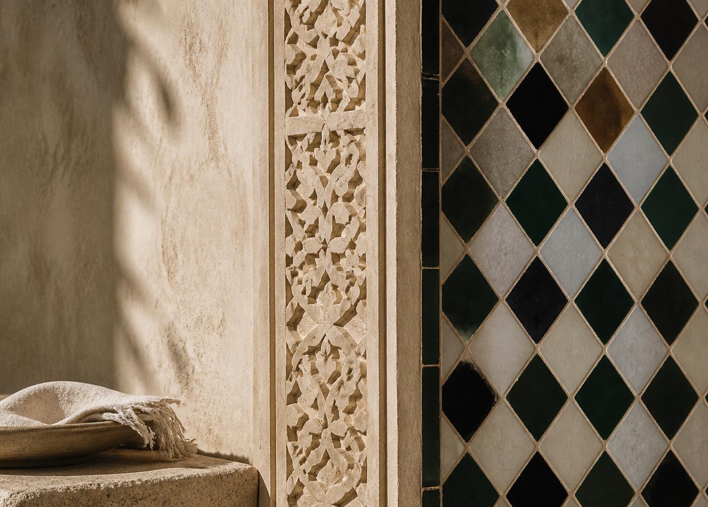 Détail d'artisanat marocain : plâtre sculpté et zellige